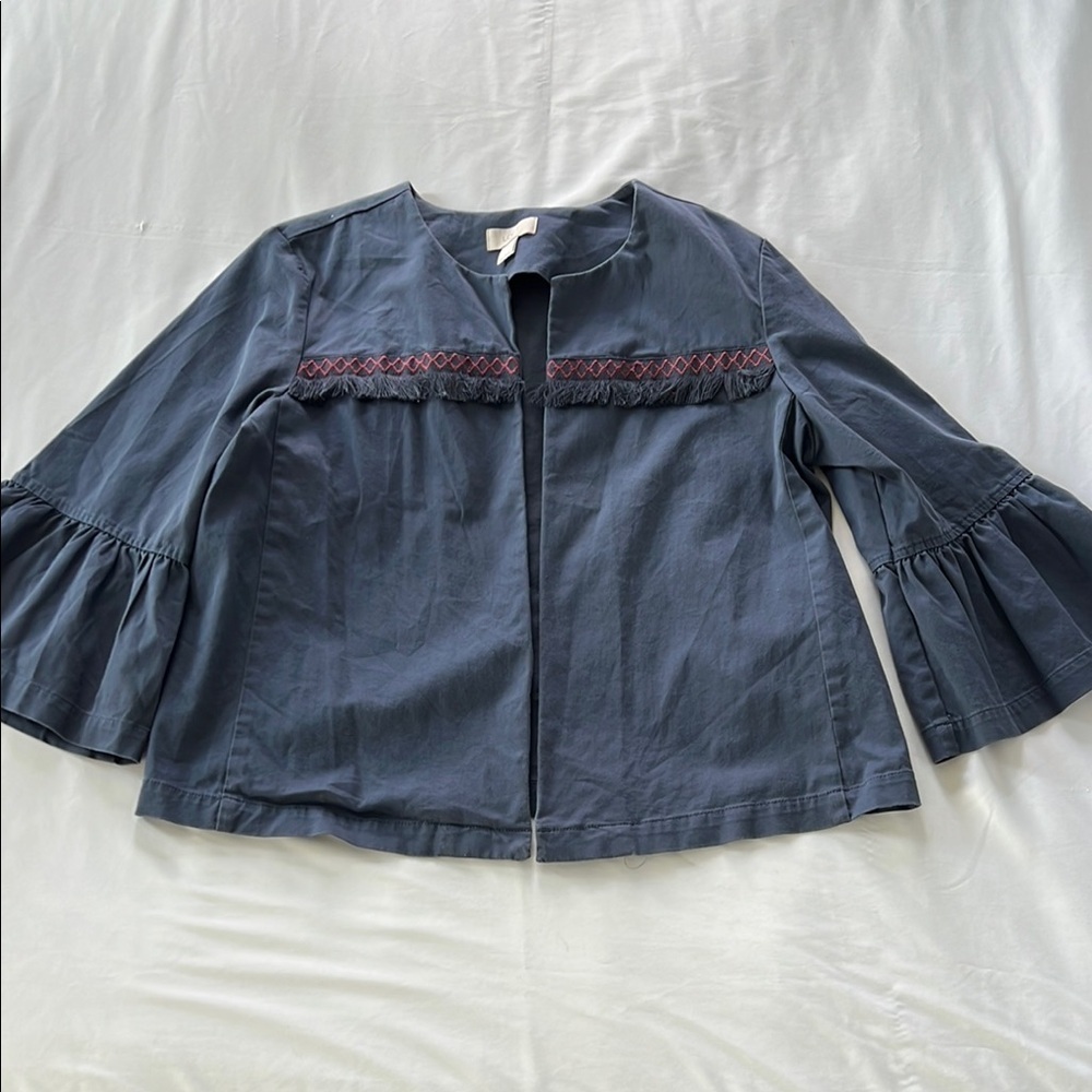 LOFT Outlet Blue Fringe/Embroidery Ruffle Sleeve Jacket